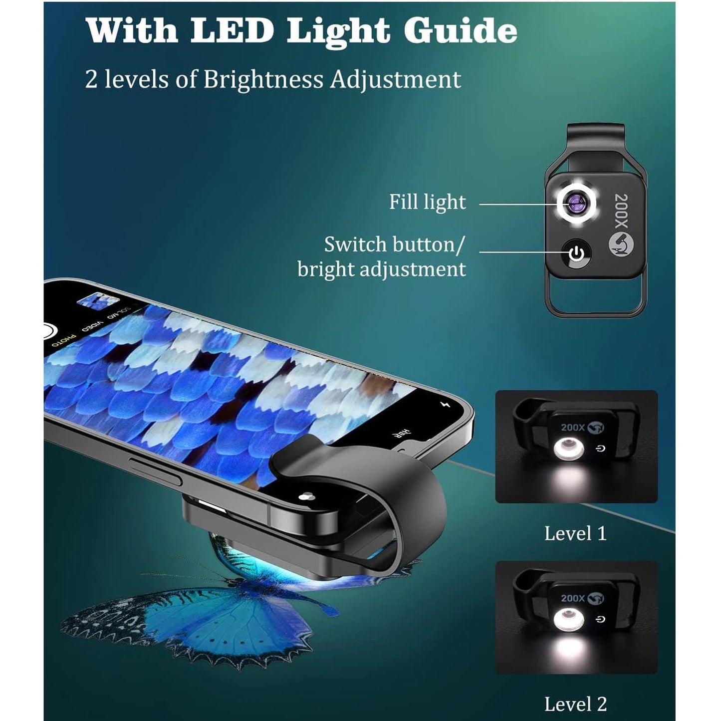 200X Phone Microscope with CPL Lens/LED Light/Universal Clip for